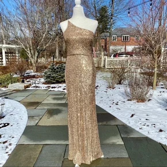 NWT BHLDN Gold Sequin One Shoulder Formal Maxi Dress Caspian Size 14 - Picture 15 of 15